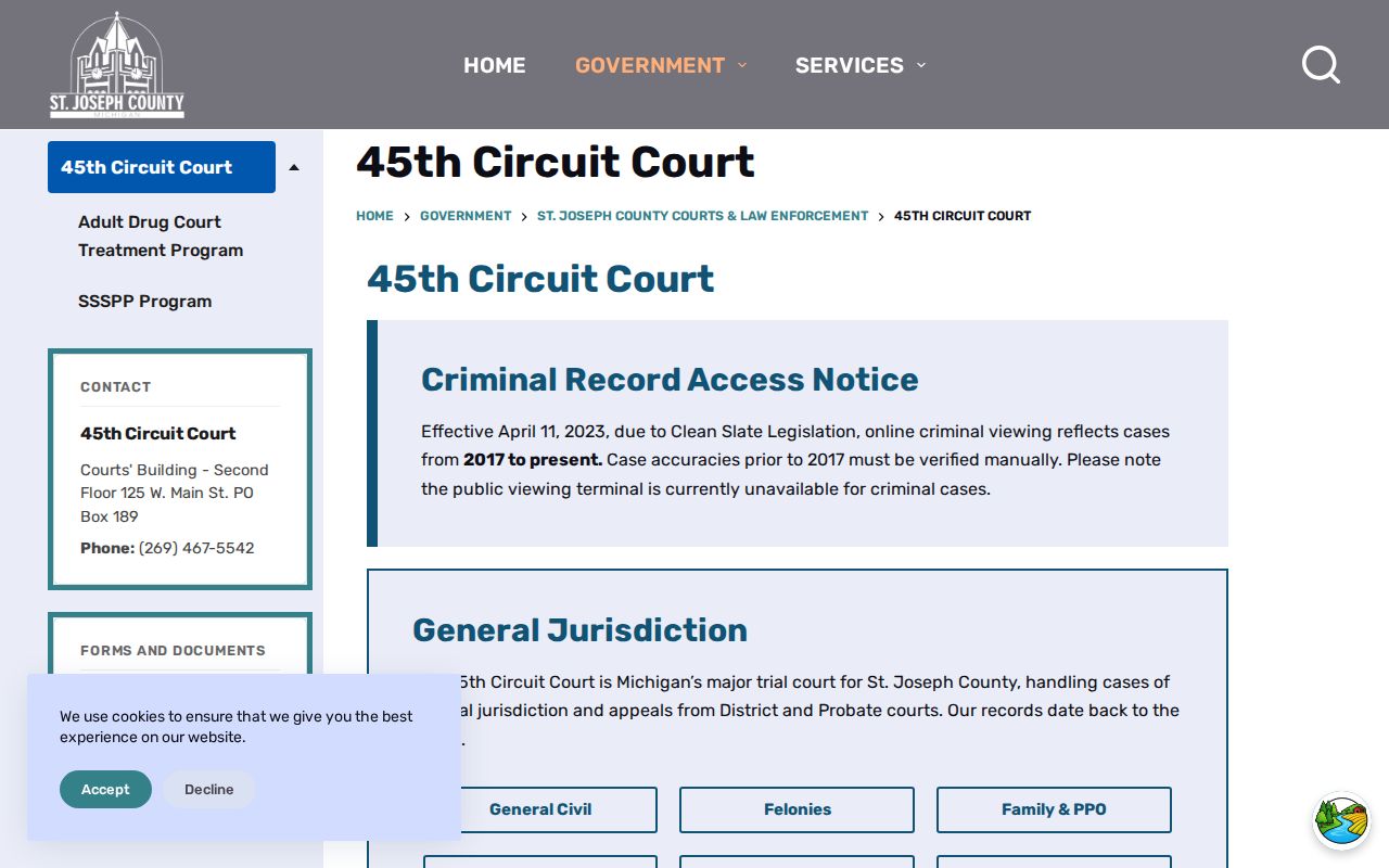 St. Joseph County arrest warrant lookup information from the 45th Circuit Court