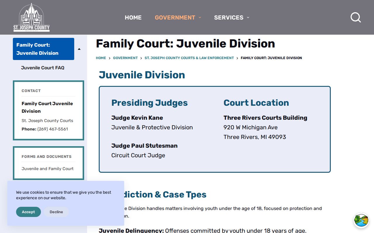 St. Joseph County warrant search limits showing the juvenile court division