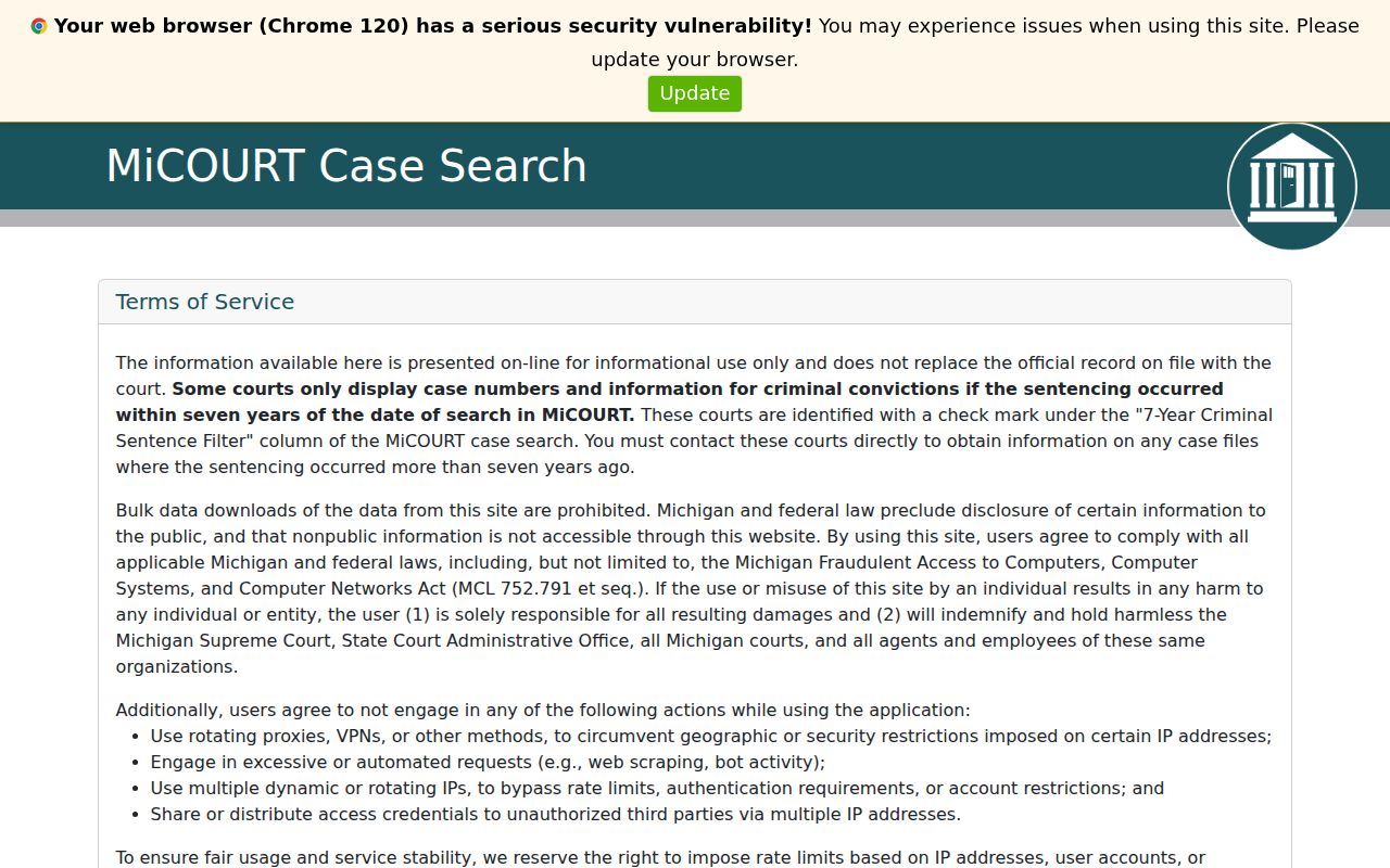 MiCOURT public case search page used for St. Joseph County warrant searches