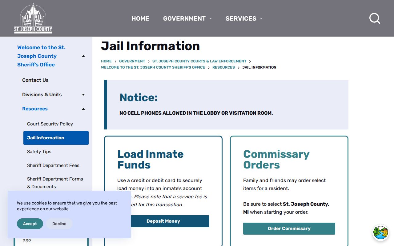 St. Joseph County warrant records jail information page