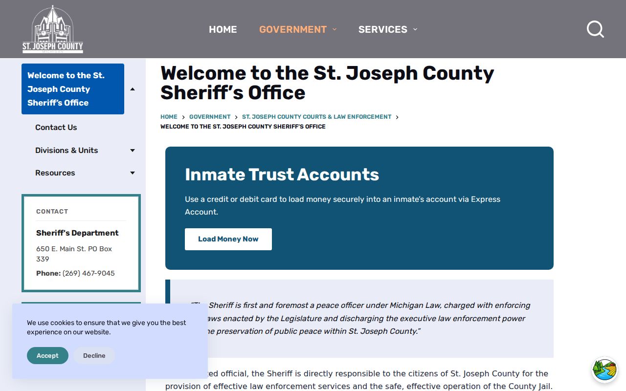 St. Joseph County warrant records sheriff department contact page