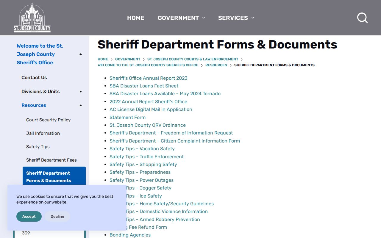 St. Joseph County warrant records sheriff forms and documents index